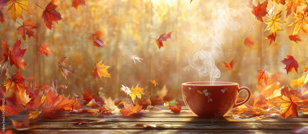 Poster cozy cup of tea surrounded by colorful autumn leaves on a rustic wooden table with a warm, inviting 