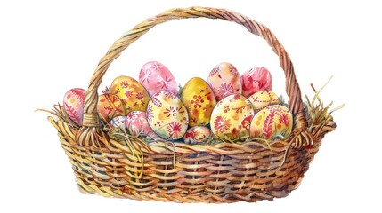 Naklejka premium Watercolor cozy Easter basket with pastel pink, yellow, and red patterned eggs inside the wicker basket