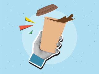 Black and white hands holding a paper cup with a splash of coffee. Internet security concept. Modern photo collage style. Vector illustration