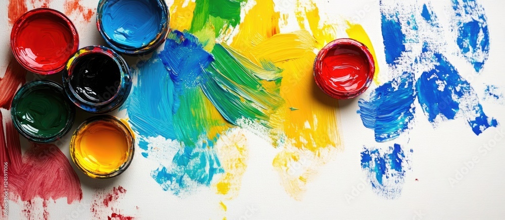 Poster vibrant assortment of oil paints in jars and colorful strokes on a white canvas background showcasin
