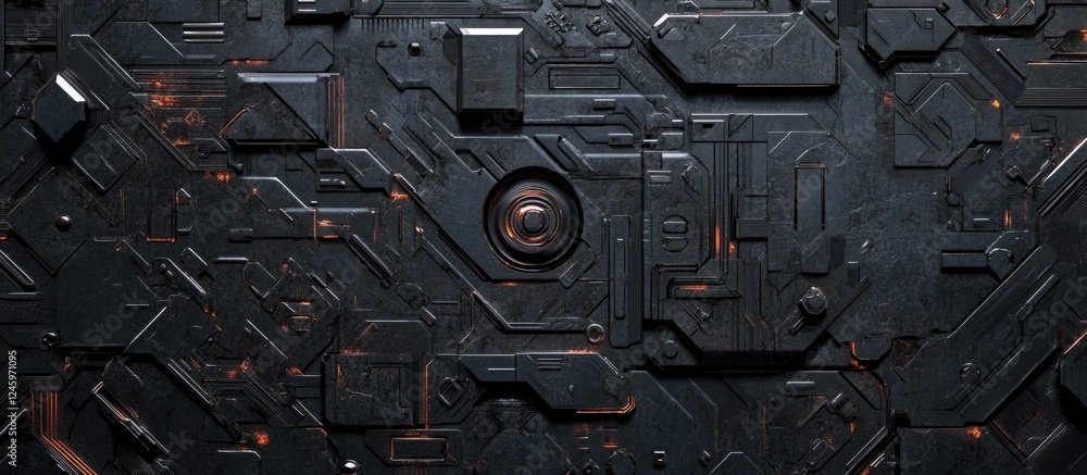 Poster Abstract black glossy texture with intricate elements illuminated by subtle lighting in a futuristic design background.