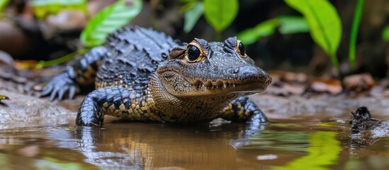Fototapeta premium Dwarf crocodile resting near water in lush green surroundings showcasing its unique features and habitat in the wild.