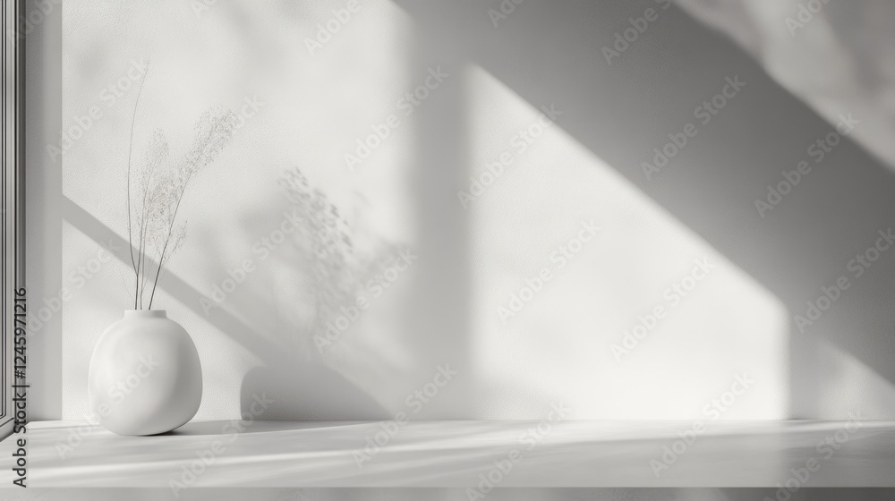 Poster Minimalist Workspace with Natural Light and Monochromatic Decor Ideal for Text Placement and Modern Aesthetics