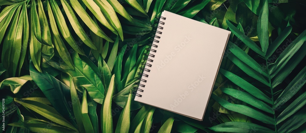 Poster Summer themed notepad on palm leaves flat lay background for creative concepts and ideas with copyspace in a vertical layout.
