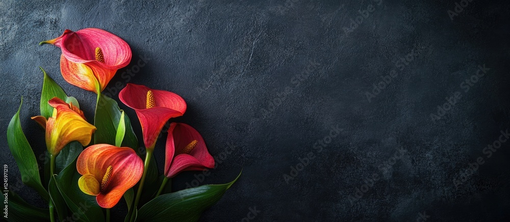 Leinwandbilder Vibrant calla lilies on a dark textured background with ample space for customization and text insertion