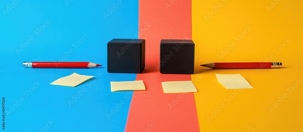 Aufkleber arrangement of colored blocks pencils and sticky notes on vibrant background in flat lay perspective