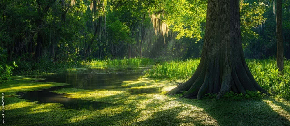 Poster Serene cypress tree in a lush forest setting illuminated by sunlight with reflective water and vibrant greenery in the background