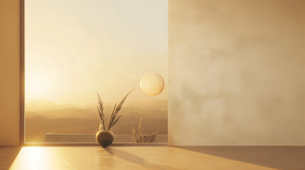 A minimalist interior scene featuring a vase with plants illuminated by a warm sunset. This serene environment embodies tranquility and modern design aesthetics.