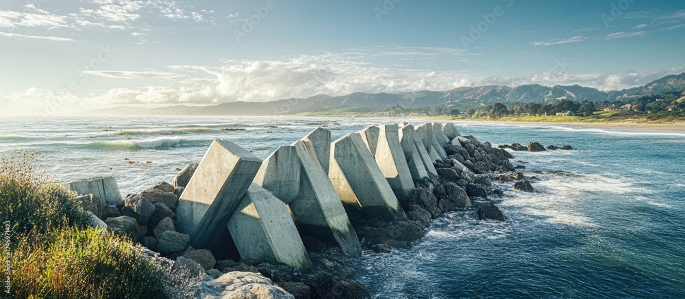 Poster concrete tetrapod breakwaters along the coast protecting against strong waves with scenic ocean view