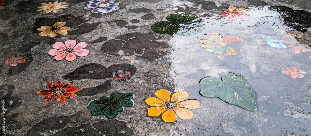 Poster floral and leaf patterned concrete floor with dirty wet surface showcasing unique design elements in