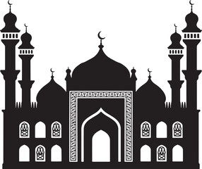 Black Mosque Silhouette with Minarets and Crescent Moon Ideal for Eid Celebration Decor and Islamic Art. Islamic Mosque icon vector art.