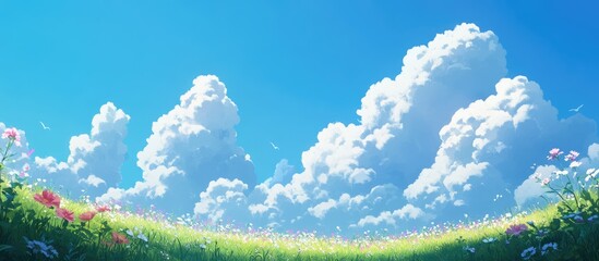 Fototapeta premium Vibrant blue sky with billowing cumulus clouds above a lush green landscape dotted with wildflowers.