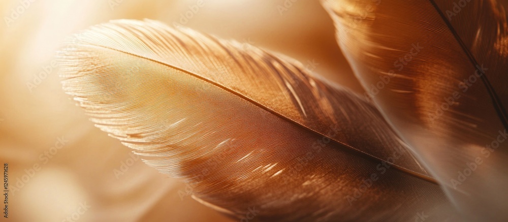 Poster macro view of two brown duck feathers showcasing delicate textures in a romantic, softly lit atmosph