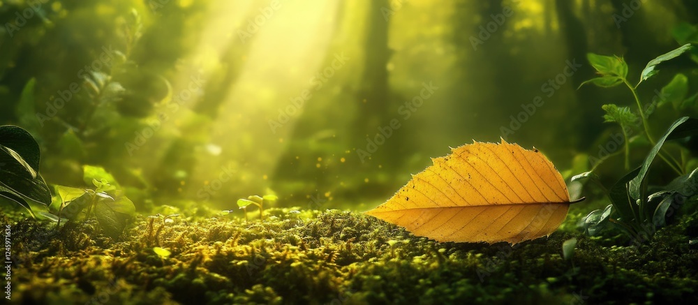 Poster yellow autumn leaf resting on forest floor illuminated by sunlight through trees creating a serene a