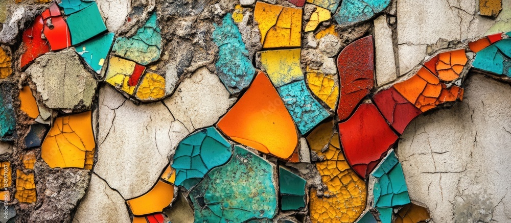 Poster colorful abstract ceramic mosaic detail on a collapsing building showcasing intricate patterns and t