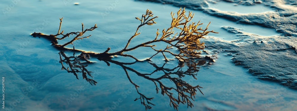 Poster dry cedar branches on puddle surface reflecting sunlight with tranquil water background offering emp