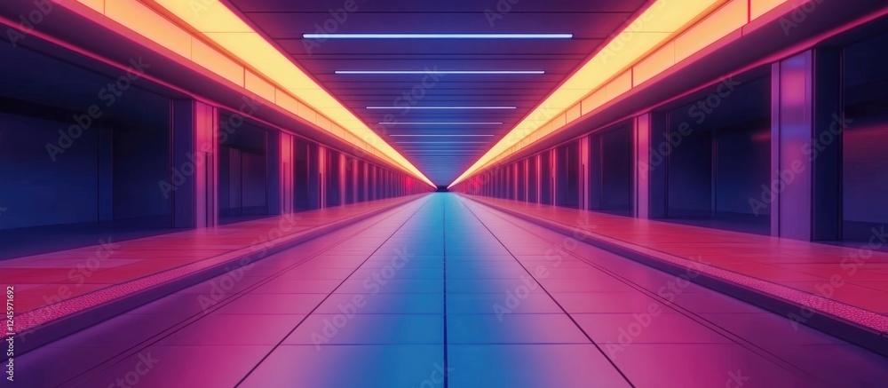 Poster futuristic empty tunnel in metro station with neon lights offering abstract space for text and visua