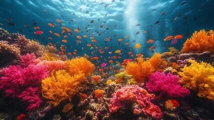Naklejka premium Vibrant Coral Reef Ecosystem With Colorful Fish Swimming