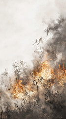 Fototapeta premium Artistic Illustration of a Wildfire in Monochrome with Hints of Flame and Rising Smoke, Capturing the Power and Fragility of Nature