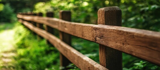 Obraz premium Wooden fence closeup surrounded by lush greenery showcasing natural textures and rustic charm in a serene outdoor setting
