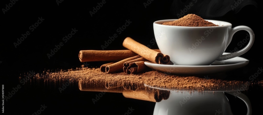 Poster cup of ground cinnamon with cinnamon sticks on a reflective surface set against a dark background fo