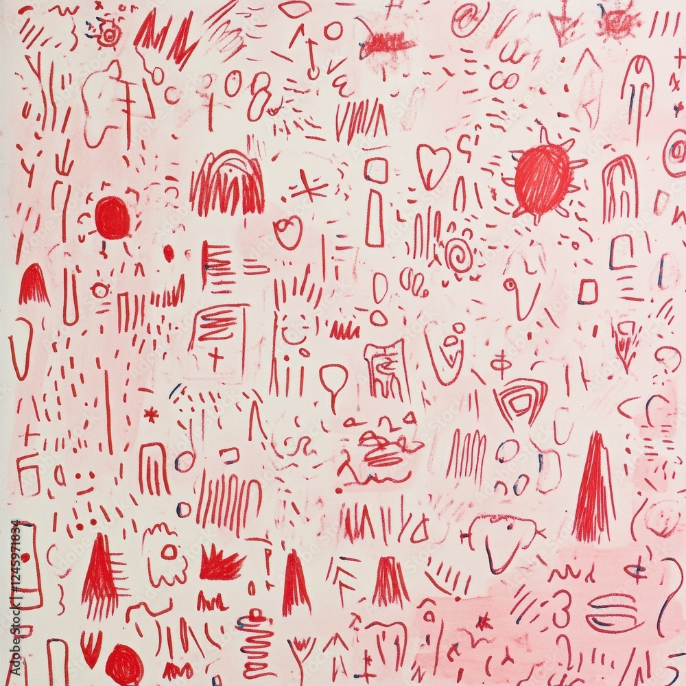 Poster playful red doodles on light pink paper with abstract shapes and patterns in a creative art composit