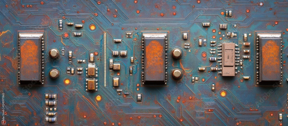 Poster Detailed computer motherboard close-up showcasing intricate circuitry and design elements for technology backgrounds in professional projects.
