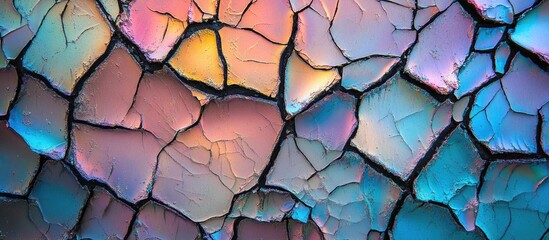 Colorful crackled acrylic paint texture with an abstract pattern showcasing a blend of pastels and vibrant hues on a weathered surface.