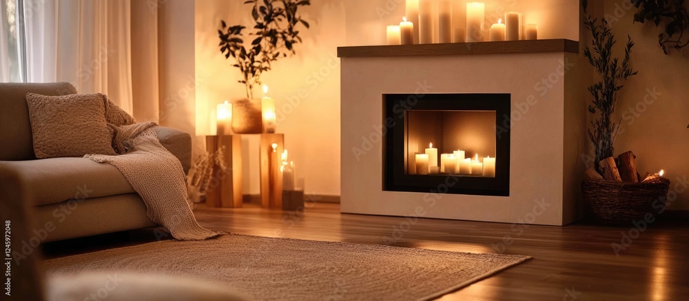 Poster warm and inviting living room with fireplace and candles creating a cozy atmosphere and ample space 