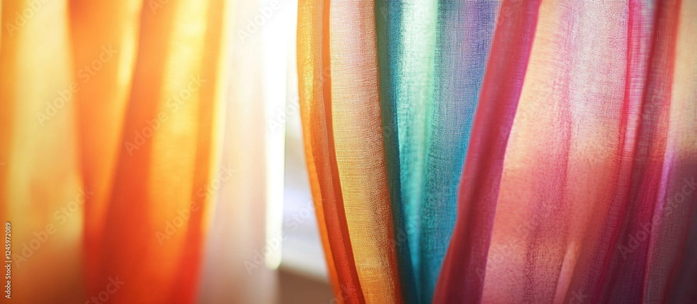 Aufkleber colorful curtains softly illuminated in a bright interior setting with a blurred background enhancin