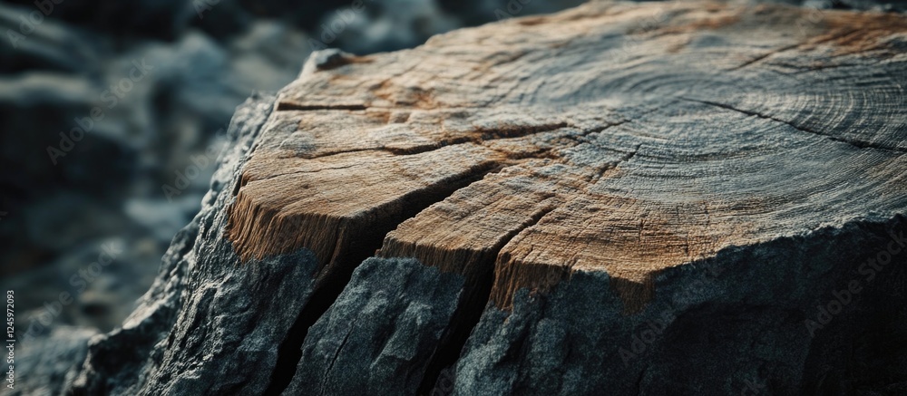 Poster wood log with visible cracks and tree rings outdoor showcasing the natural texture and age of timber