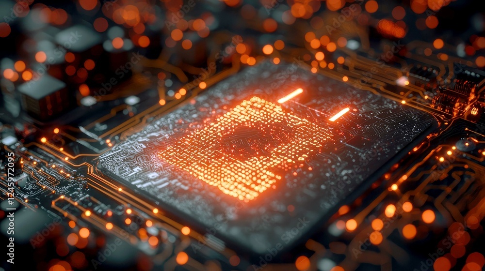 Poster close-up view of a glowing microchip circuit board, showcasing intricate details of modern technolog