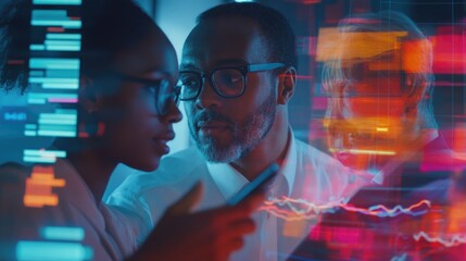 Diverse business professionals engaging in financial analysis with digital devices and data visualizations for collaborative discussion