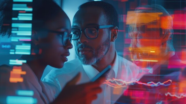 Diverse business professionals engaging in financial analysis with digital devices and data visualizations for collaborative discussion