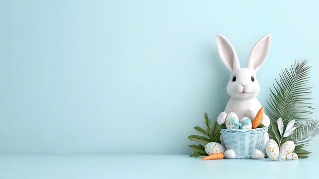Easter day celebration with colorful easter eggs pastel tones and a bunny in a basket