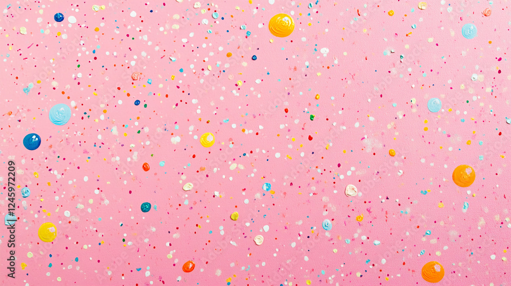 Poster a colorful and vibrant background featuring multicolored paint splashes and dots on a pink surface, 