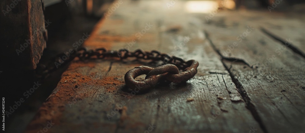 Poster Rustic close-up of a weathered rusty chain resting on a wooden floor highlighting textures and vintage aesthetics in a nostalgic setting