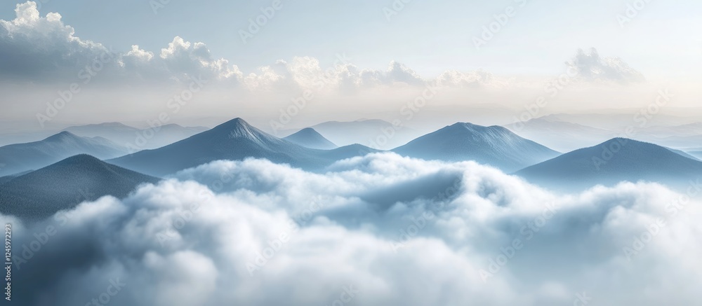 Aufkleber dramatic mountain ridge shrouded in dense clouds with serene empty space for text or overlay in a tr