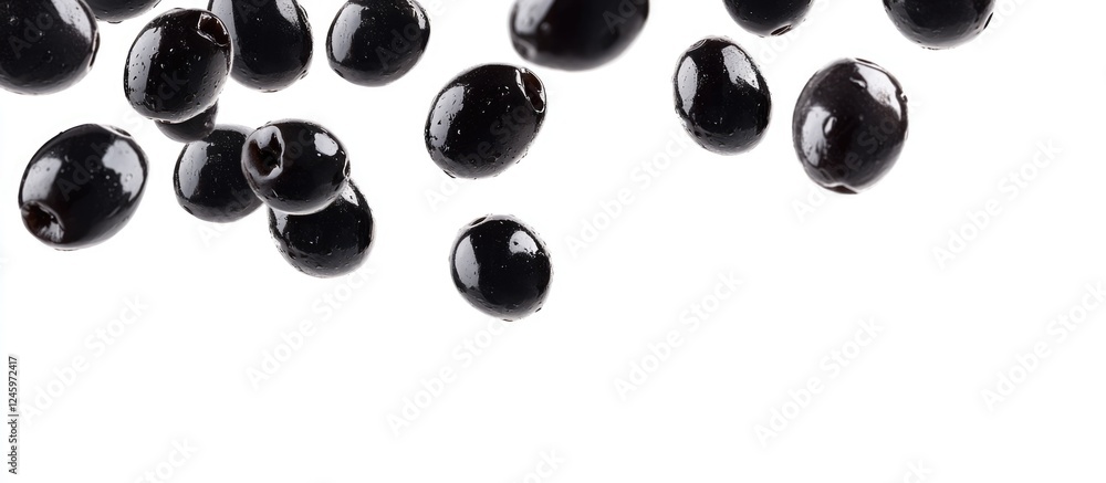 Poster falling black olives on white background creating a seamless pattern showcasing the freshness of pic