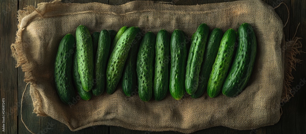 Poster fresh cucumbers displayed on natural sackcloth over a rustic wooden table