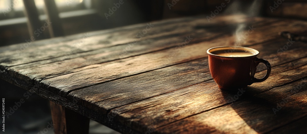 Poster Warm cup of coffee steaming on a rustic wooden table illuminated by soft ambient light in a cozy setting