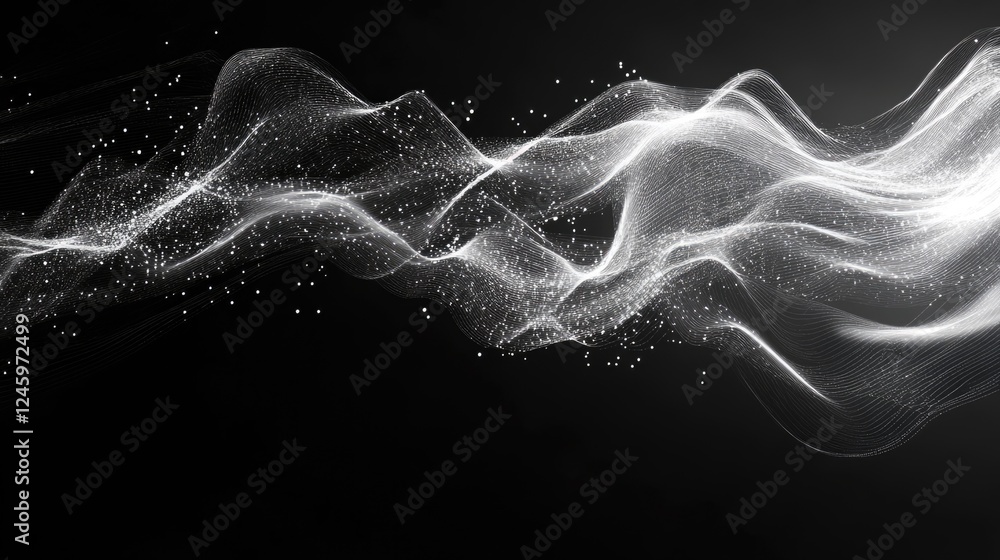 Poster Abstract digital wave flows with light particles creating a futuristic background suitable for technology or data presentations.