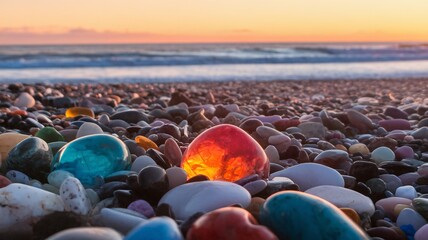 Fototapeta premium Colorful gemstones shimmer on a pebbly beach at sunset, creating a vibrant and tranquil scene.