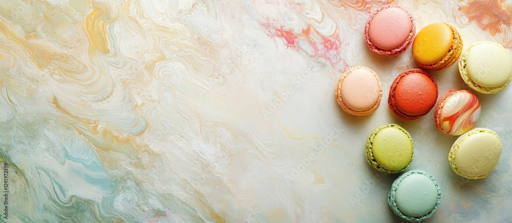 Aufkleber Assorted colorful macarons with marbled design on soft blurred background and ample empty space for customizable text and branding