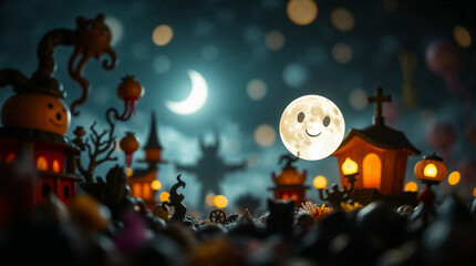 Fairy tale wallpaper with smiling moon and dreamy cartoon landscape
