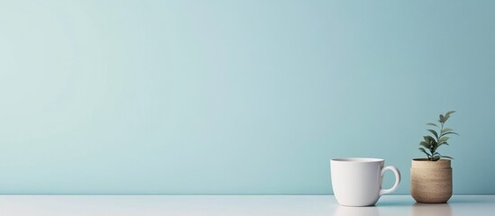 DIY Wallpaper Setup with Light Blue Background, White Pasting Table, Coffee Cup, and Potted Plant for Home Decor Inspiration