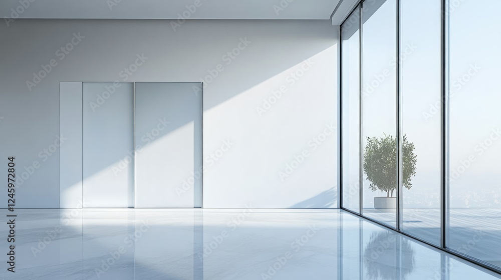 Poster modern minimalist bedroom featuring floor-to-ceiling sliding glass wardrobe doors and expansive empt
