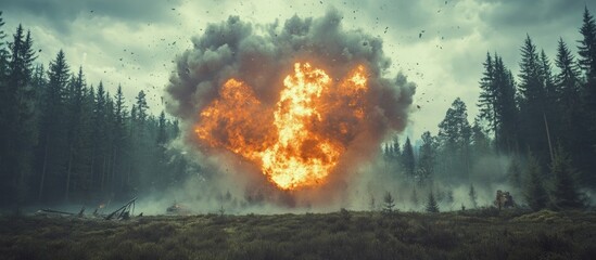 Forest battle explosion dramatic scene with large fireball and smoke showcasing intense action and ample space for textual overlay.