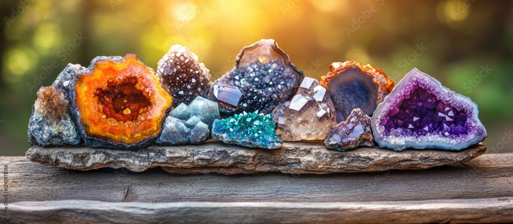 Poster colorful display of natural minerals and gemstones including agates jaspers and geodes illuminated b