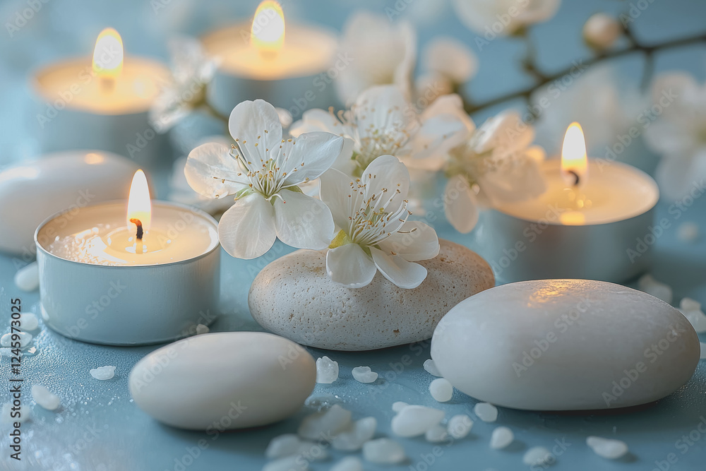 Poster a collection of delicate white flowers arranged with candles on a textured blue surface creating a c